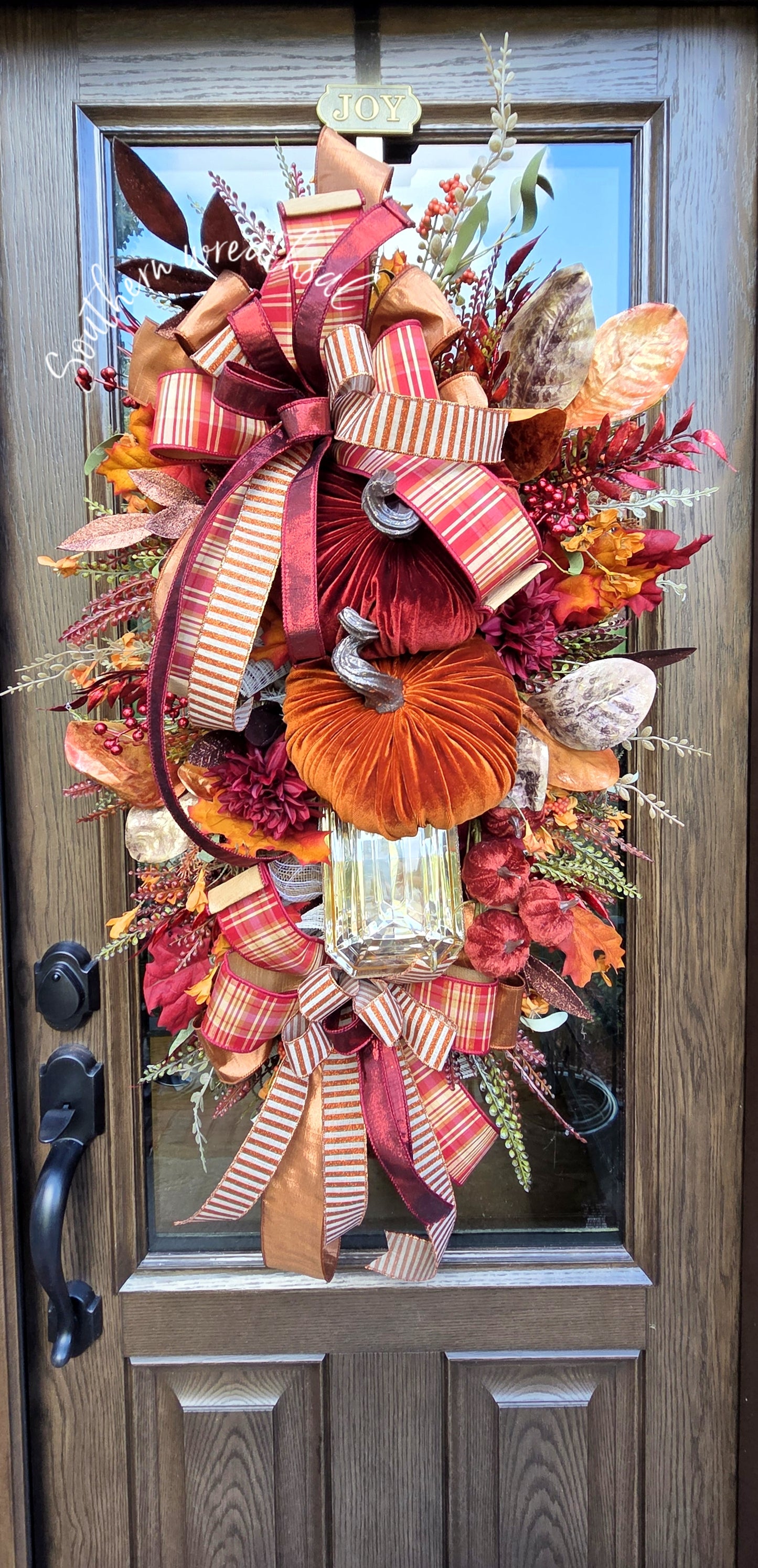 Extra Large Deluxe Velvet Pumpkin Fall Door Wreath – Luxury Autumn Front Door Decor with Designer Ribbons & Jeweled Accents