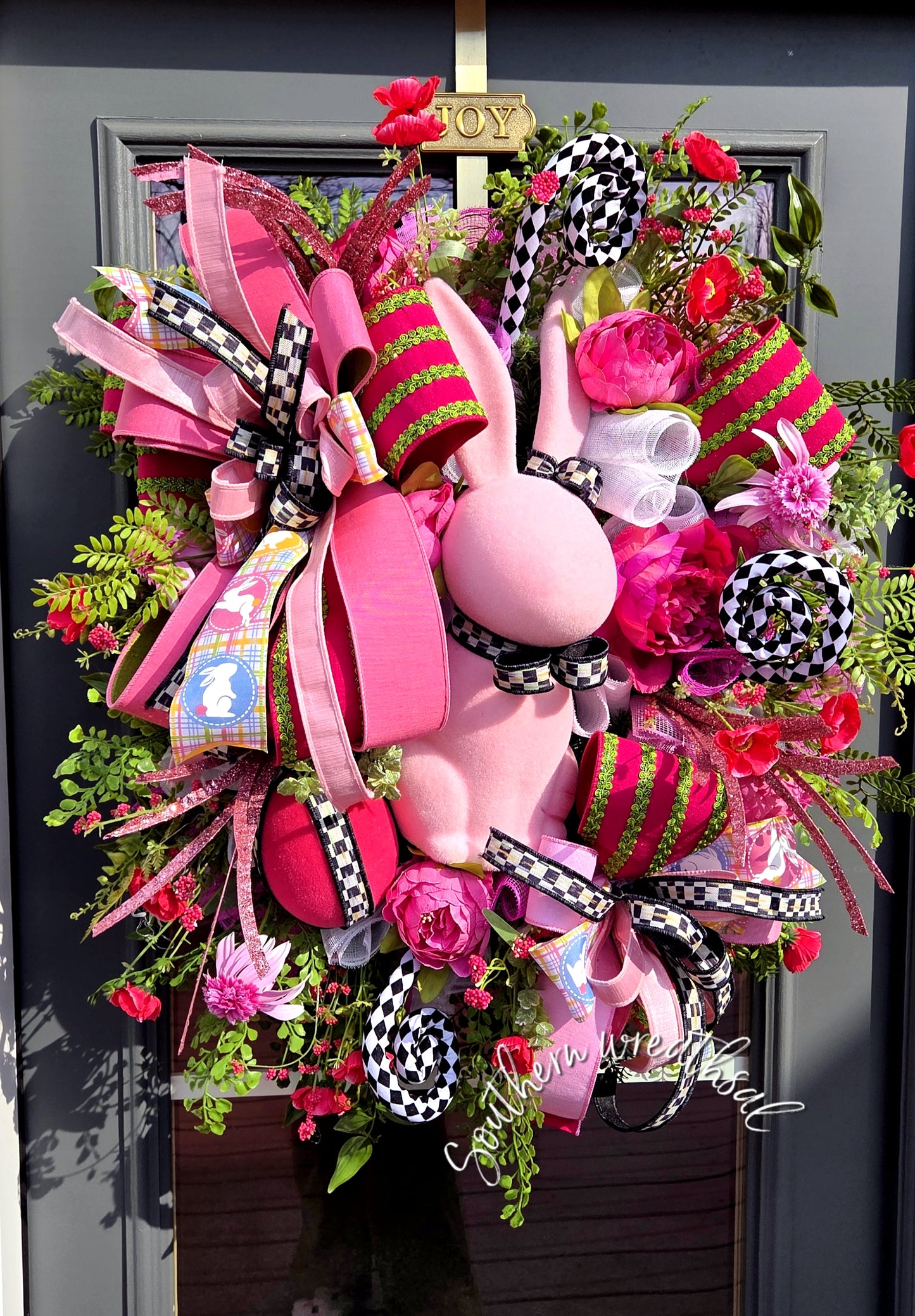 Pink Flocked Easter Bunny Wreath, Hot Pink Peony Door Decor