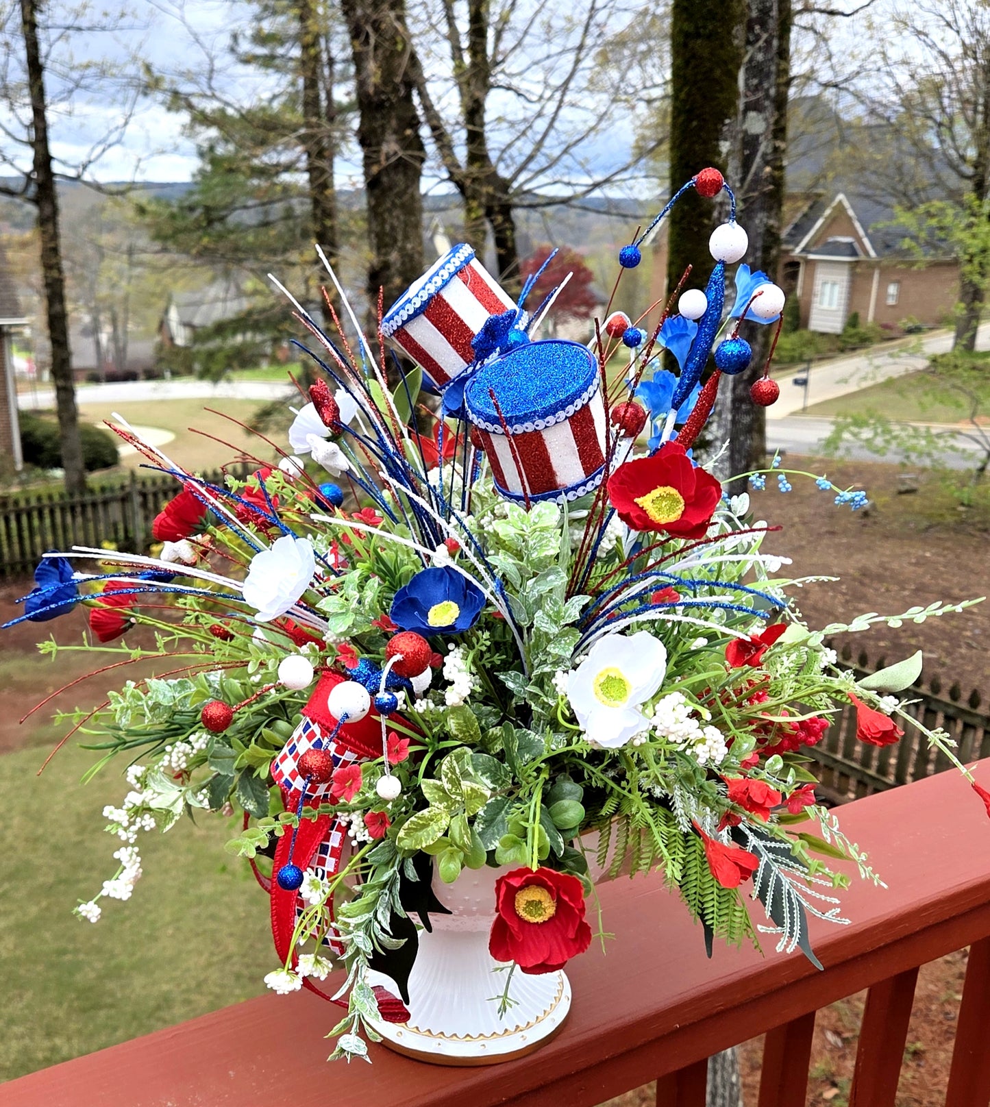 Patriotic Poppy Floral Arrangement, Red White Blue July 4th Centerpiece,