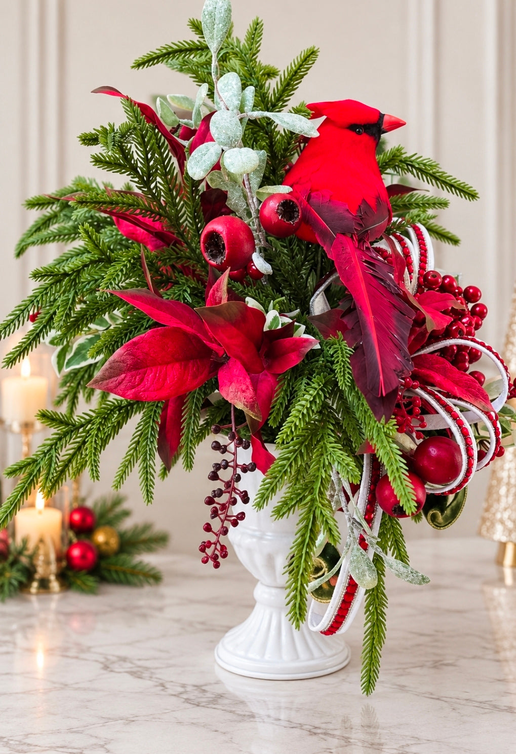 Winter Christmas Cardinal Arrangement, Red Cardinal Memorial Centerpiece