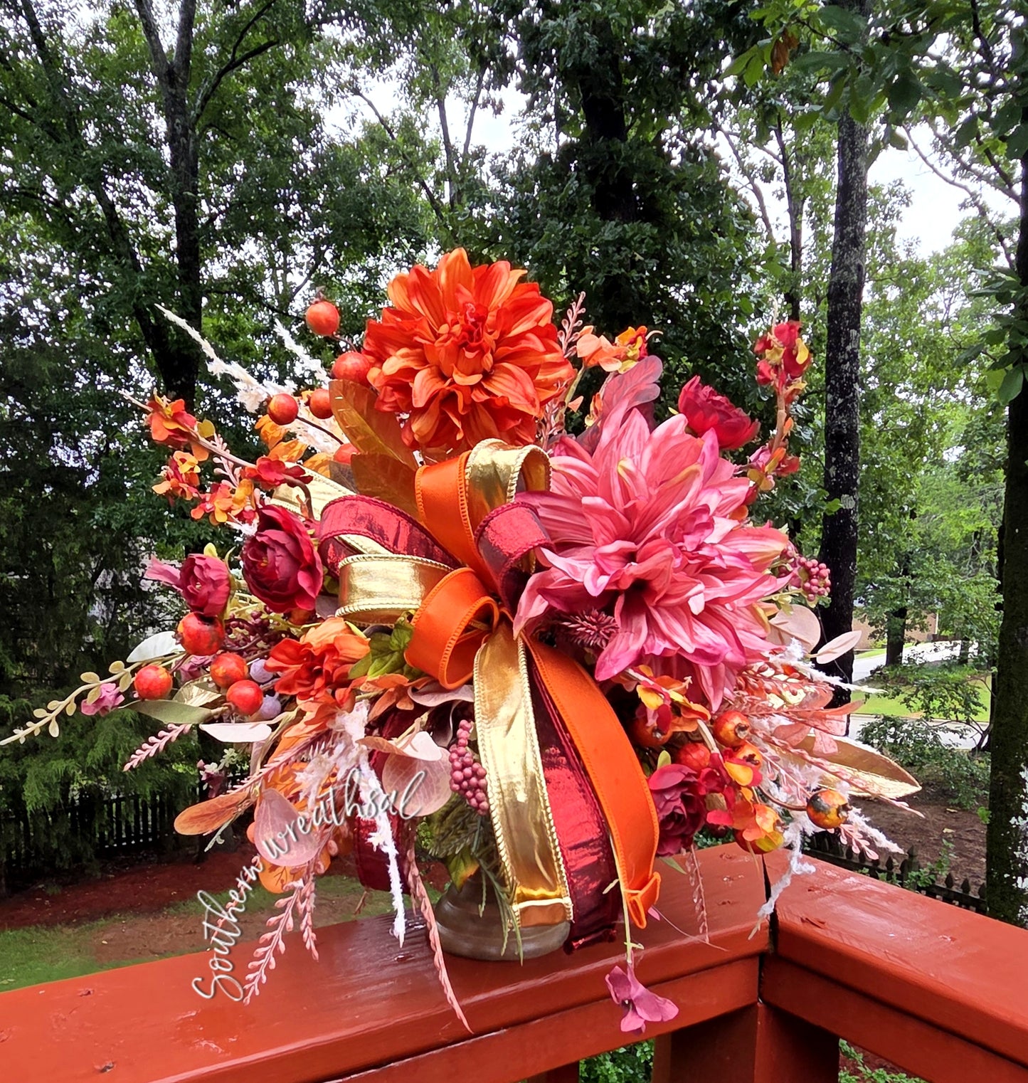 Deluxe Orange & Burgundy Dahlia Fall Floral Arrangement