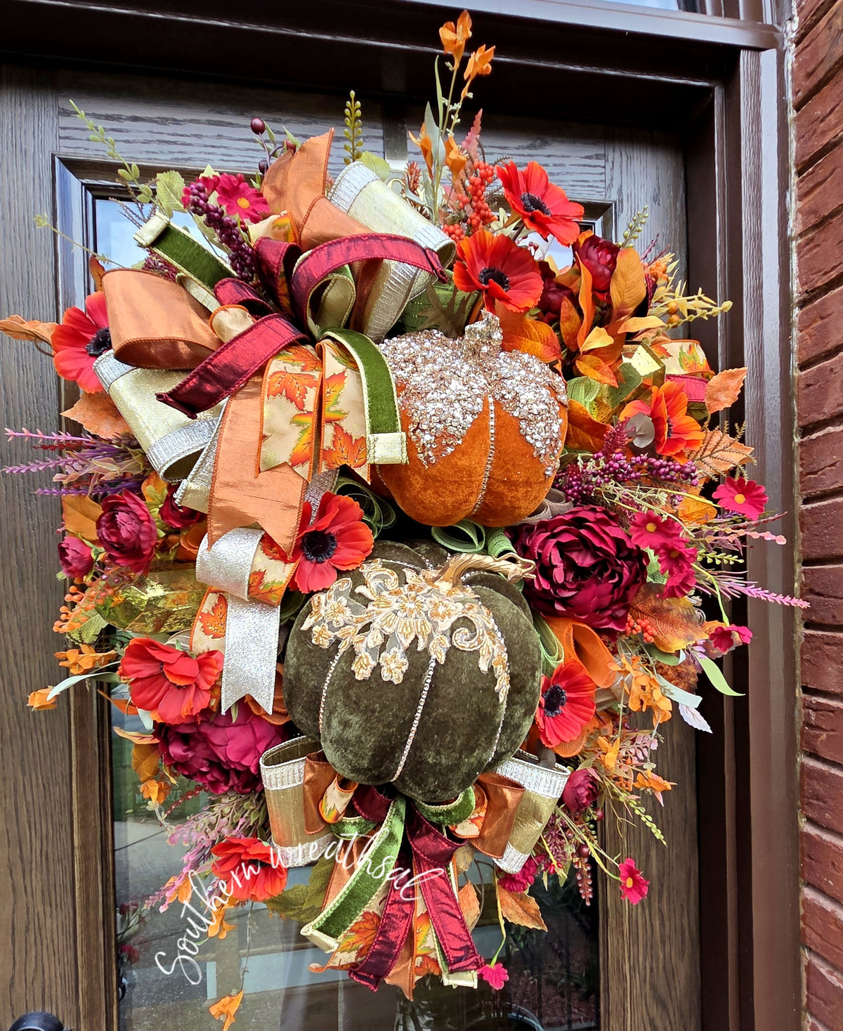 Deluxe Glam Velvet Pumpkin & Jeweled Fall Door Wreath