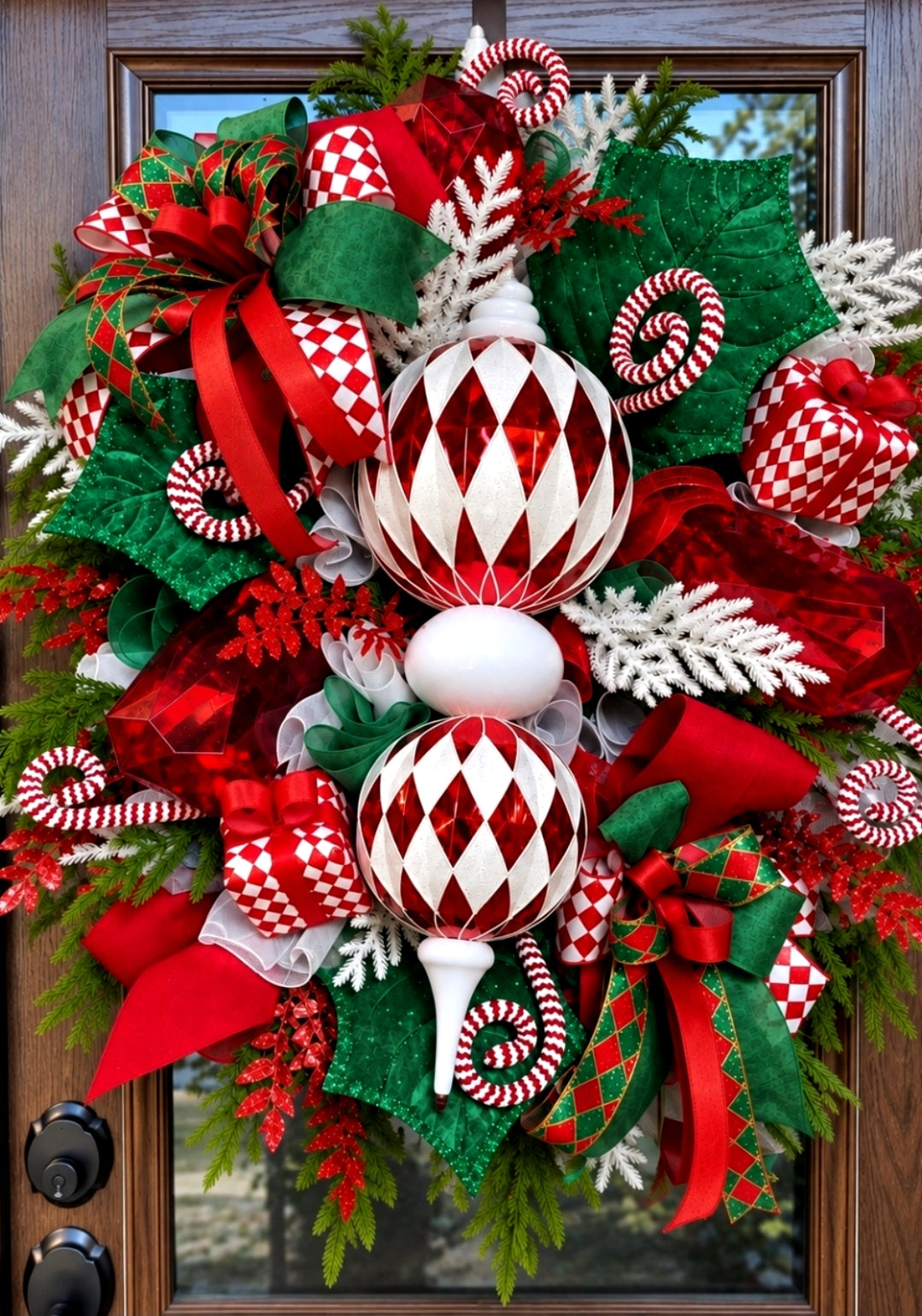 Red White Christmas Wreath, Finial Ornament Wreath