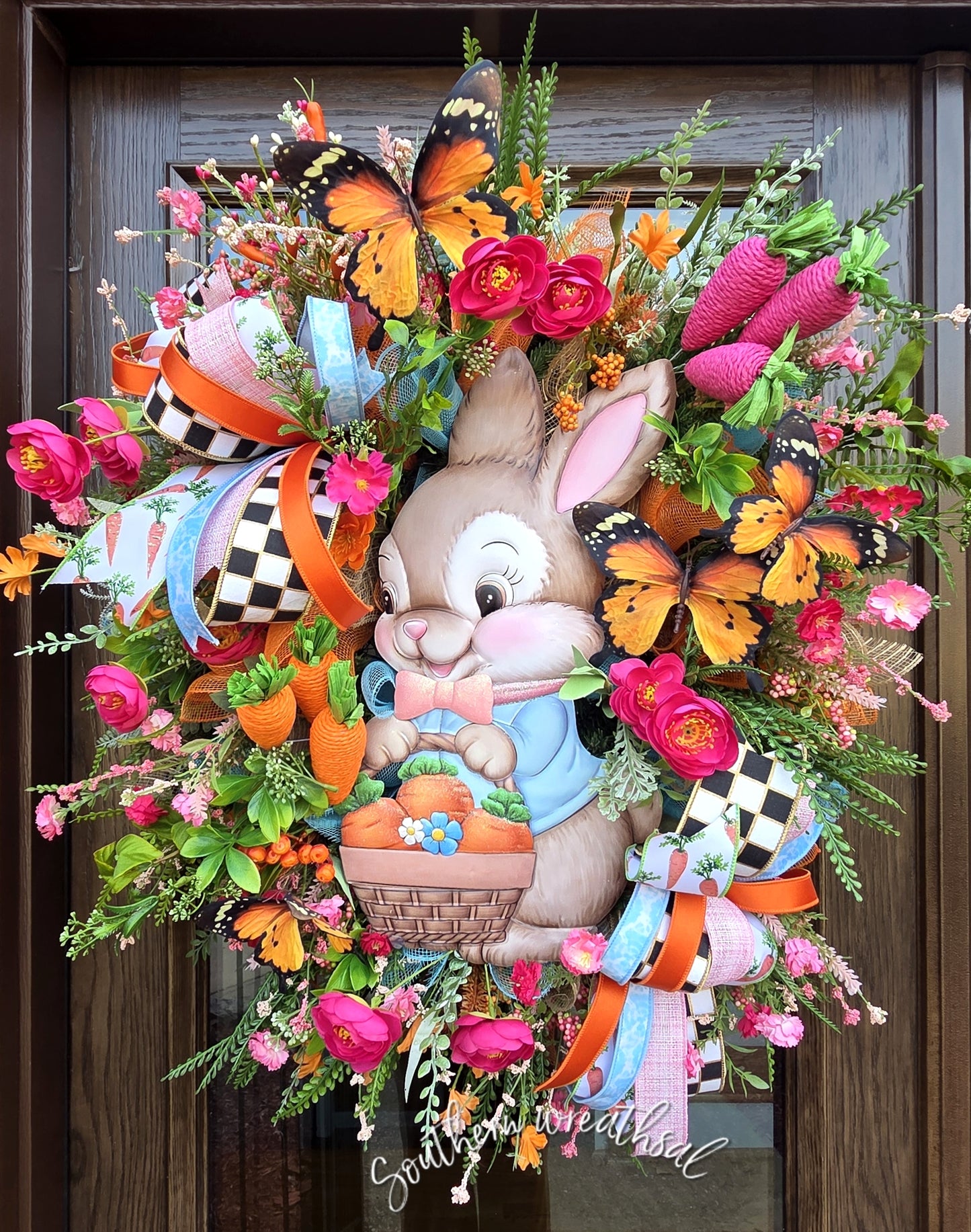 Whimsical Easter Bunny Wreath with Carrot Basket & Butterflies