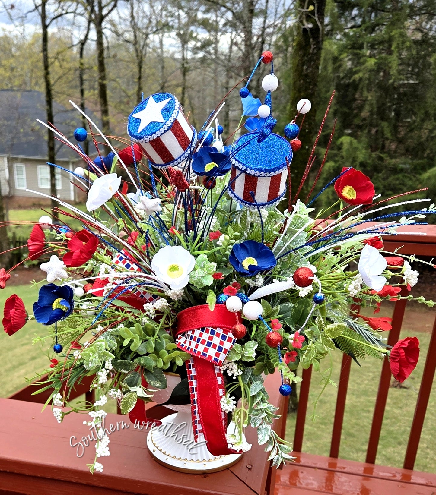 Patriotic Poppy Floral Arrangement, Red White Blue July 4th Centerpiece,