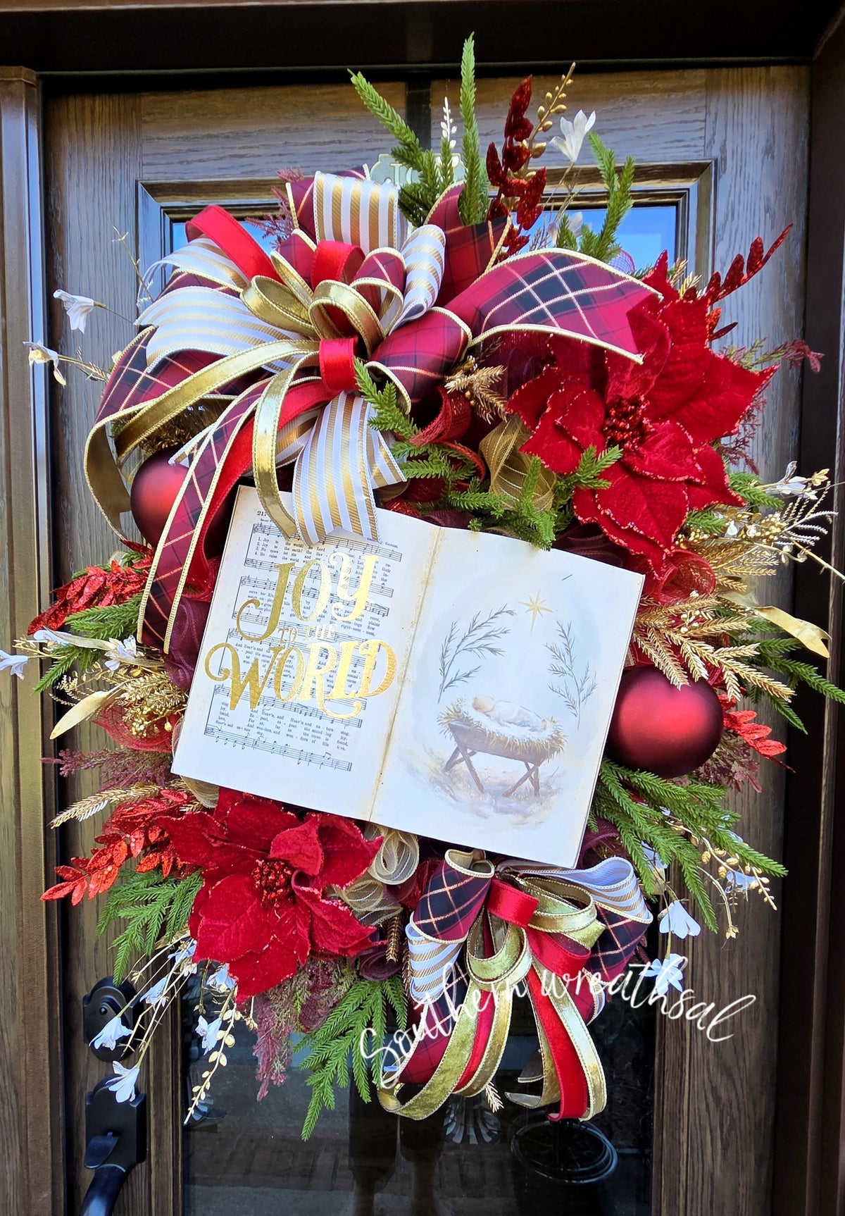 Joy to the World Christmas Wreath | Red, Burgundy & Gold Nativity Holiday Wreath