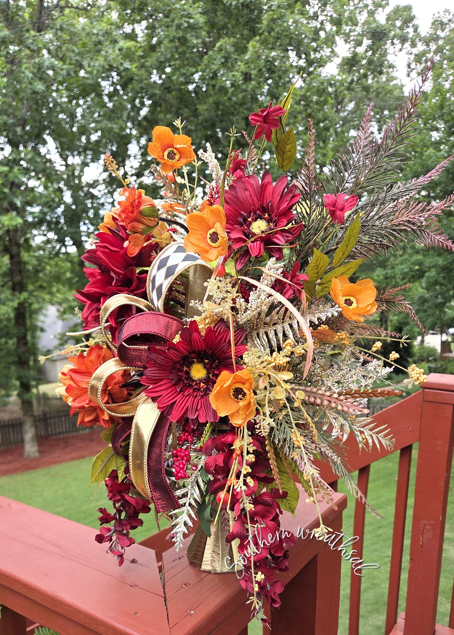 Elegant Burgundy Orange Fall Floral Arrangement, Gold Candlestick Centerpiece