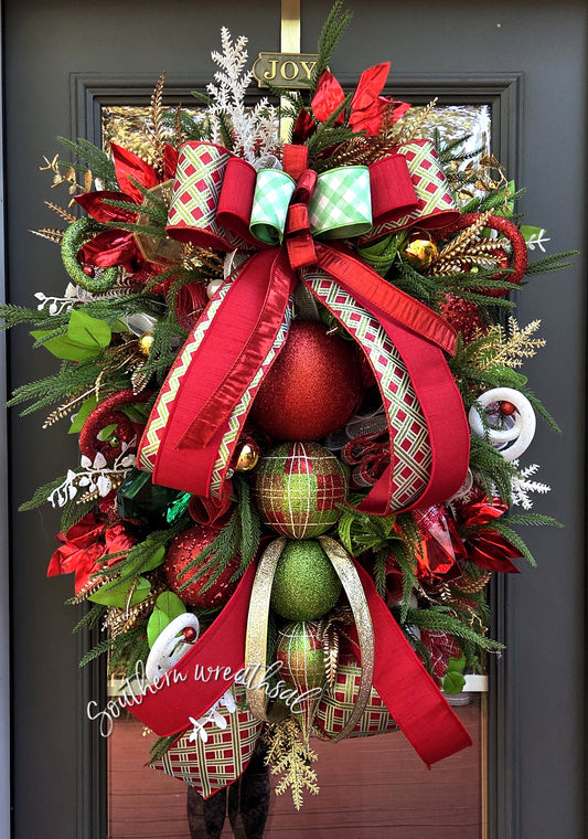 Deluxe Christmas Finial Door Wreath - Red Green Plaid Holiday Decor