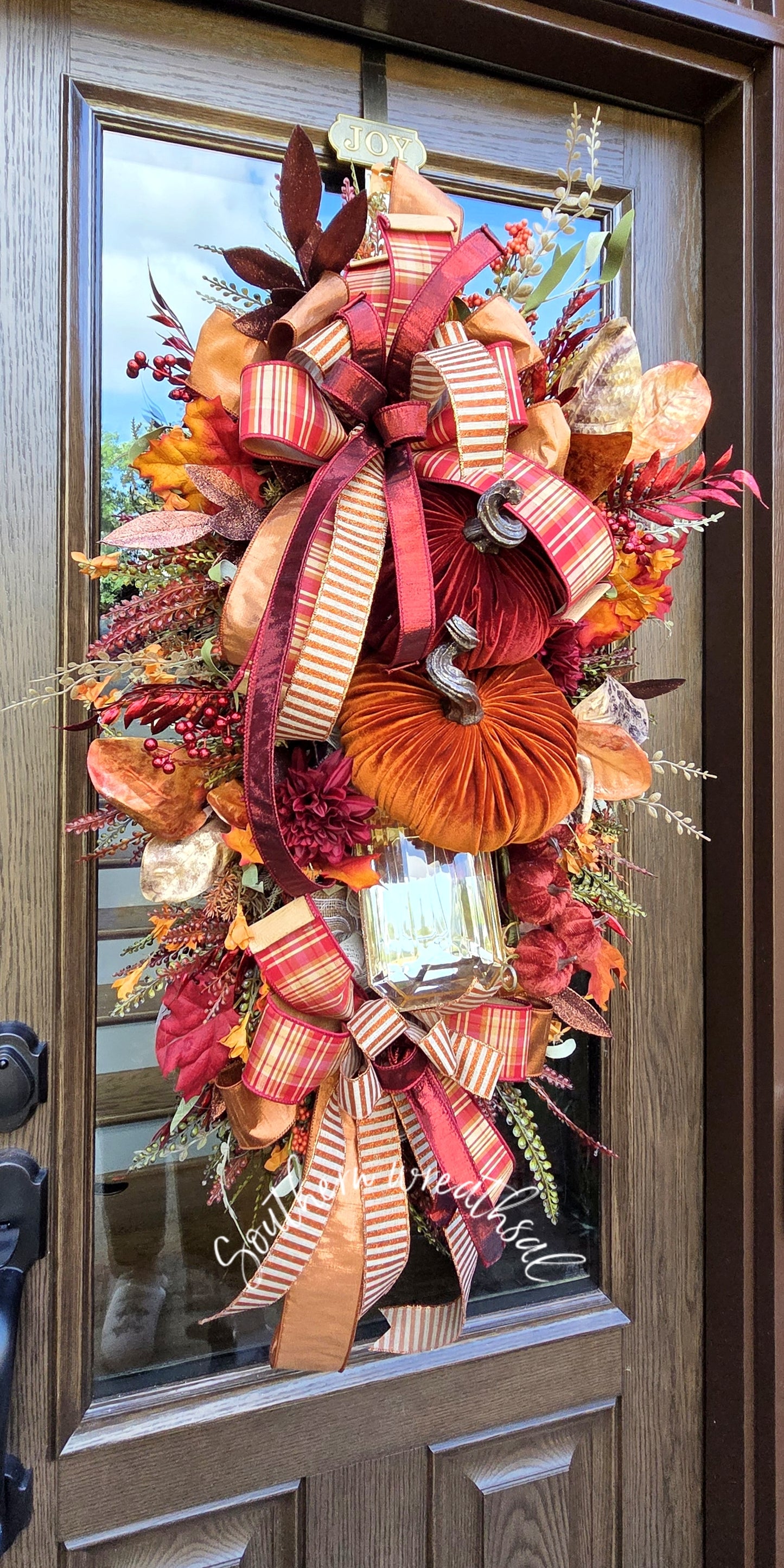 Extra Large Deluxe Velvet Pumpkin Fall Door Wreath – Luxury Autumn Front Door Decor with Designer Ribbons & Jeweled Accents