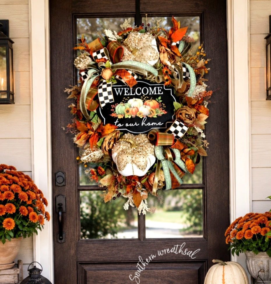 Luxury Jeweled Pumpkin Fall Wreath – Welcome to Our Home Designer Door Wreath