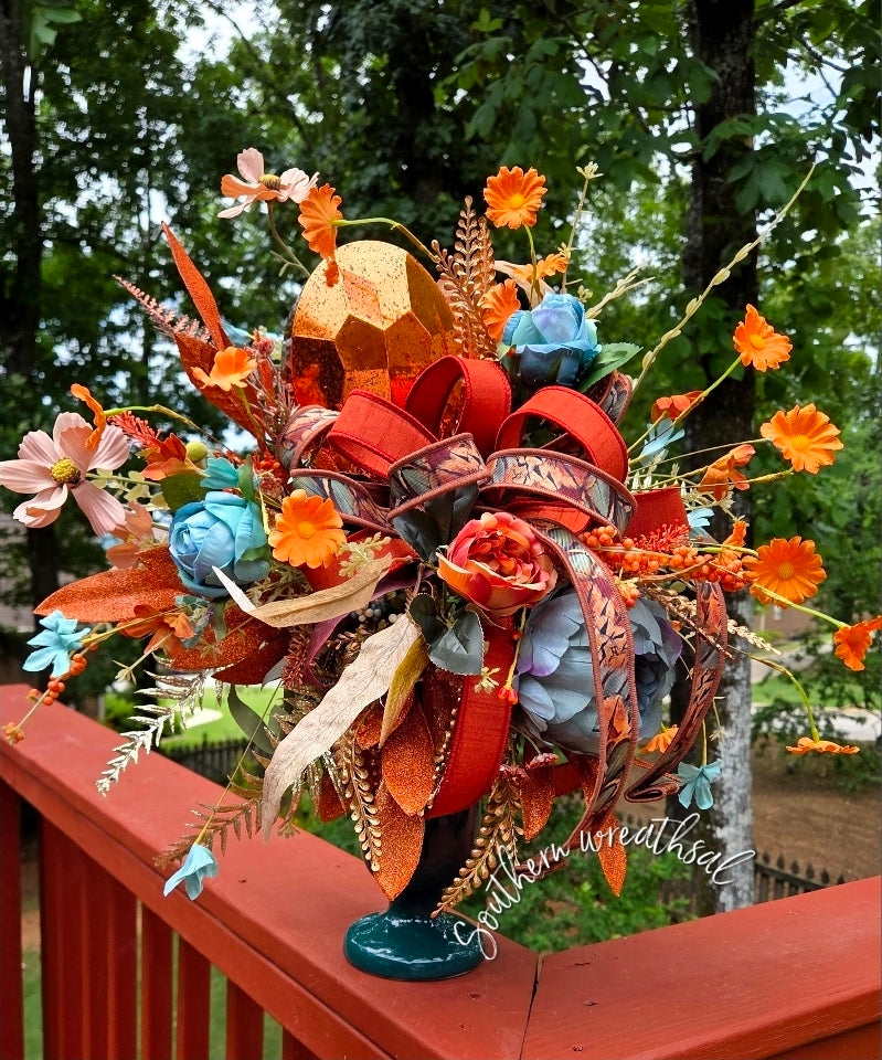 Luxury Fall Floral Arrangement Teal & Orange Jewel Decor