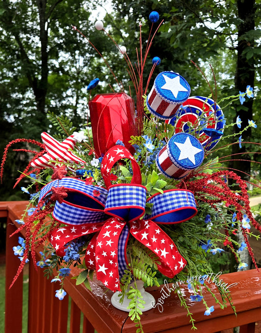Patriotic Centerpiece, Red White Blue Decor, July 4th Arrangement