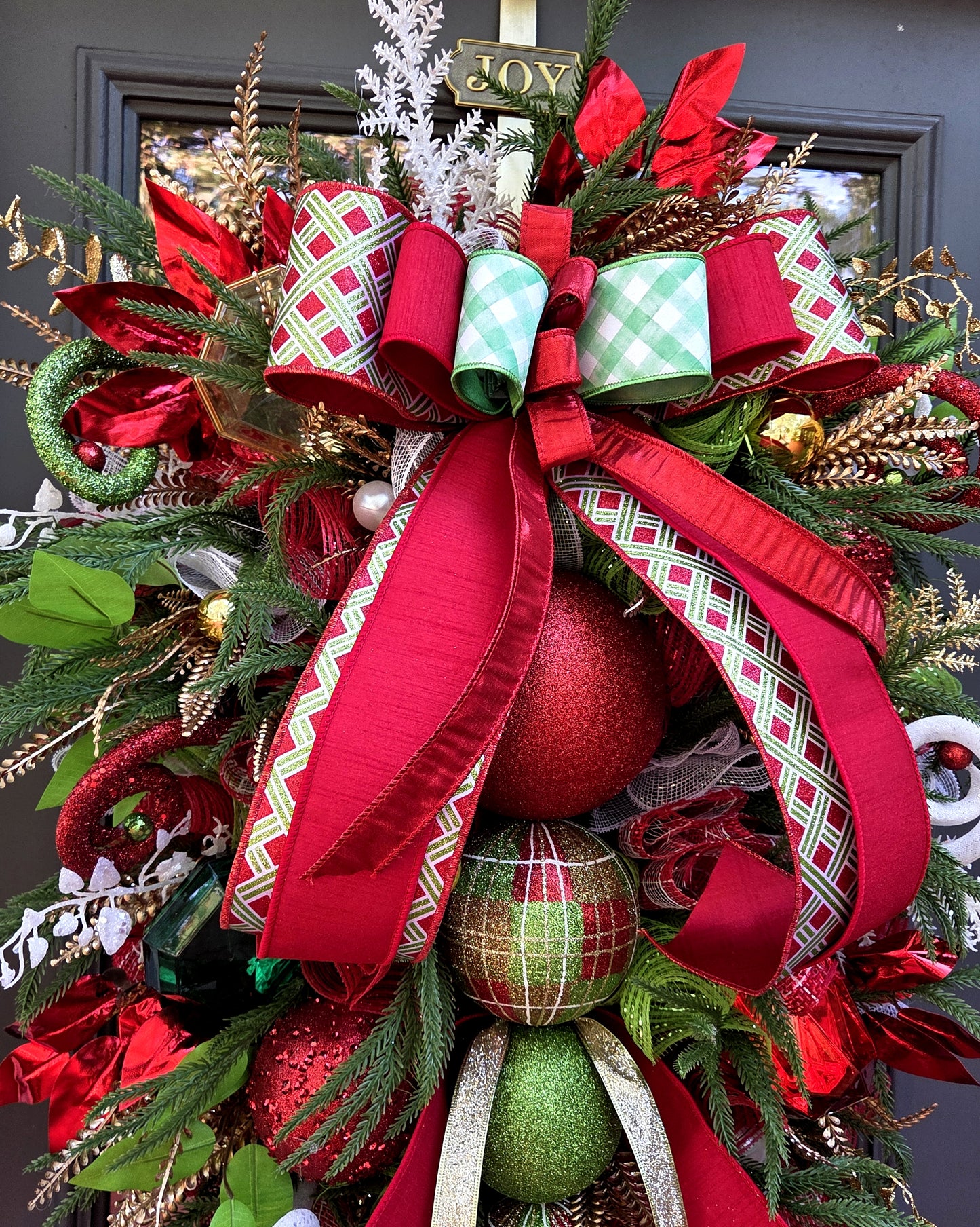 Deluxe Christmas Finial Door Wreath - Red Green Plaid Holiday Decor
