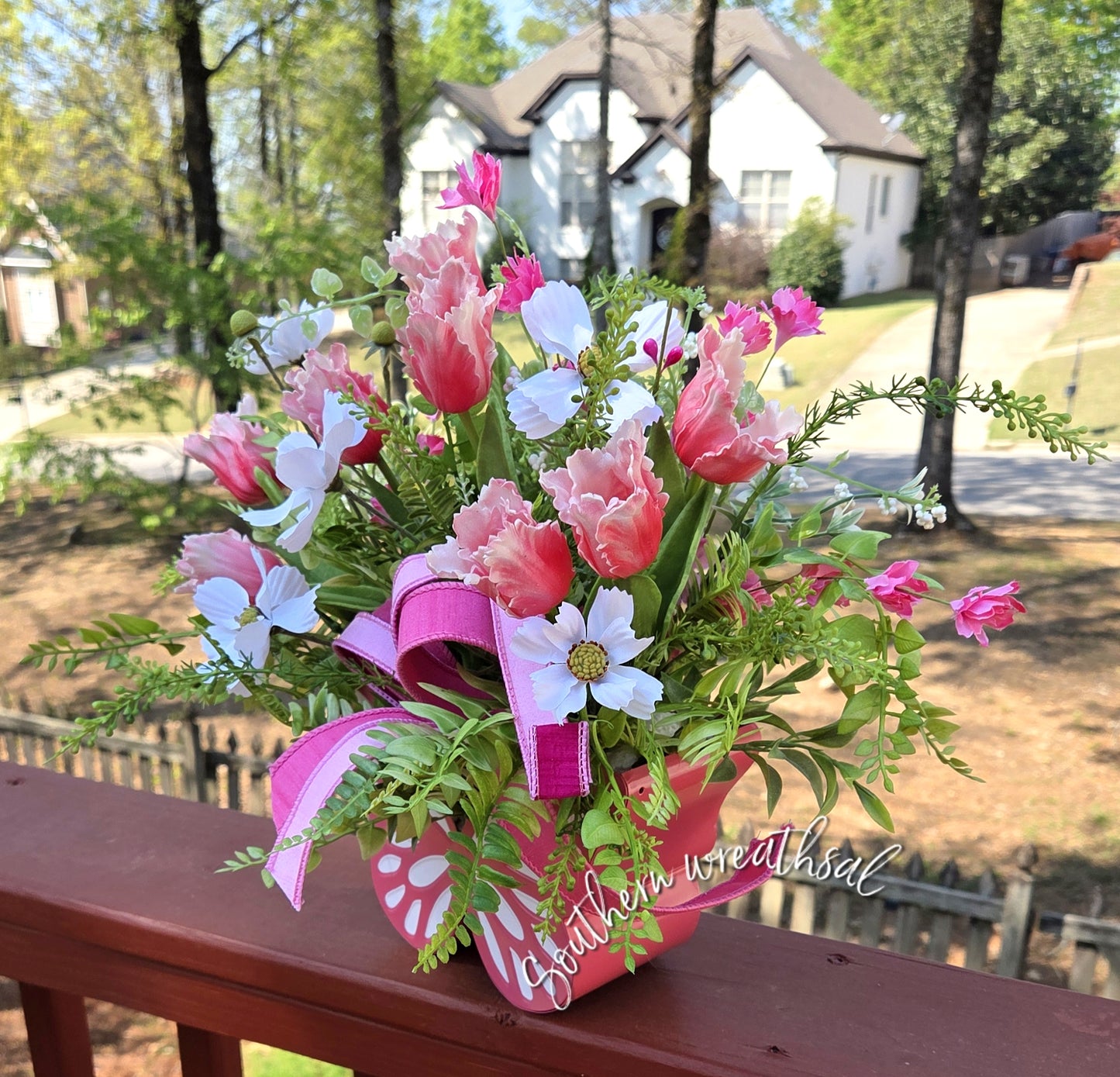 Pink Parrot Tulip Butterfly Floral Arrangement – Spring Summer Centerpiece with Designer Ribbon Bow and Lush Greenery