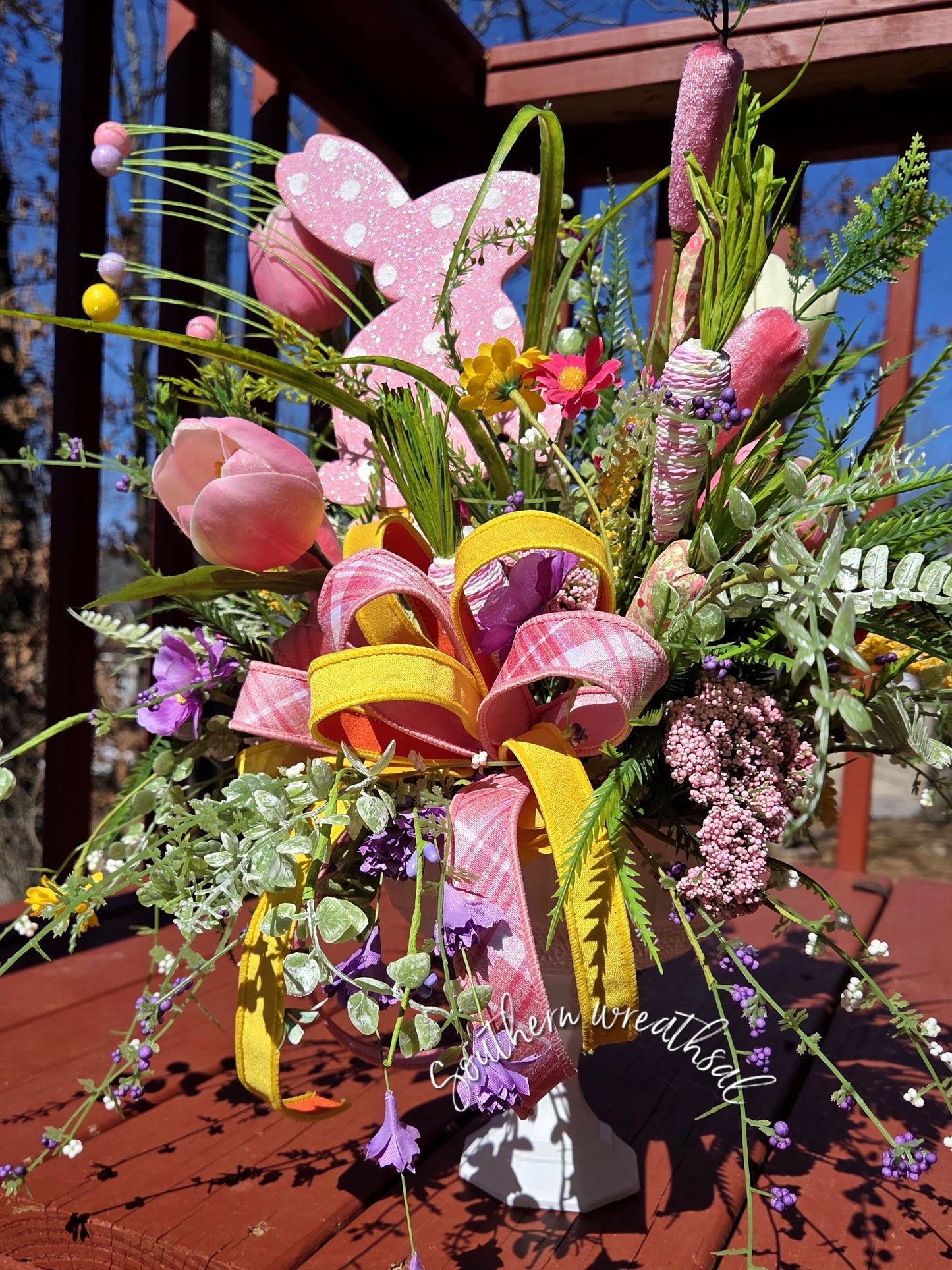Pink Polka Dot Easter Bunny Arrangement, Spring Tulip Floral Centerpiece