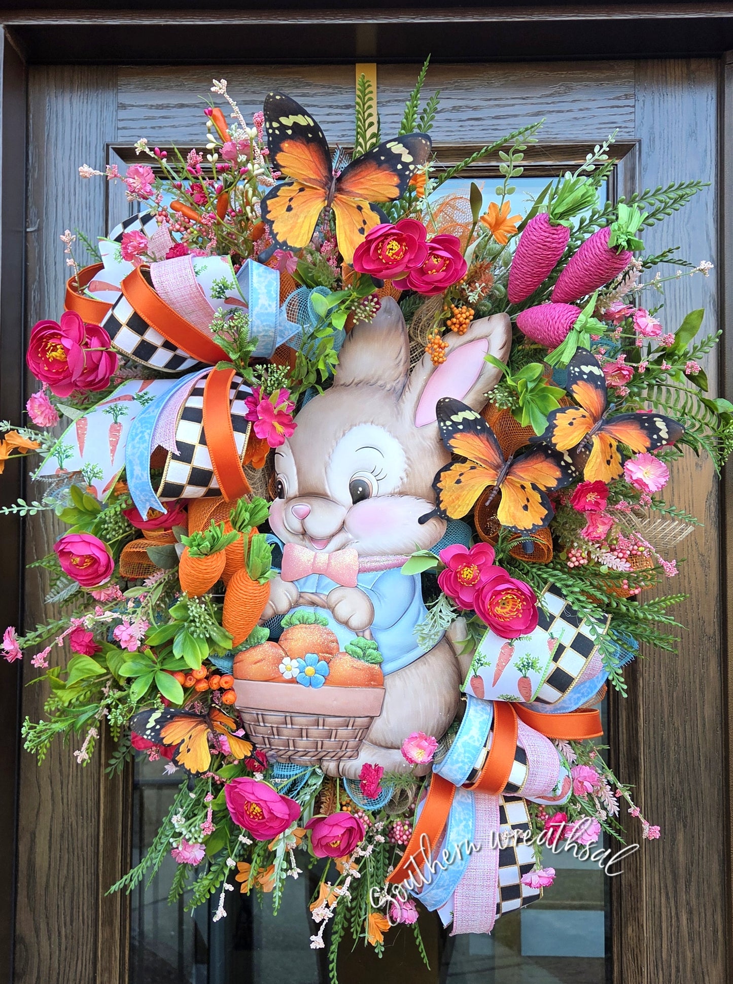 Whimsical Easter Bunny Wreath with Carrot Basket & Butterflies
