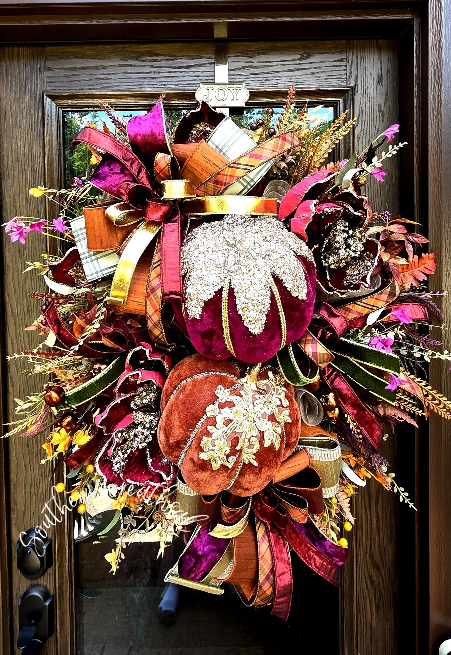 Double Velvet Pumpkin  Glam Fall Wreath-Burgundy & Orange