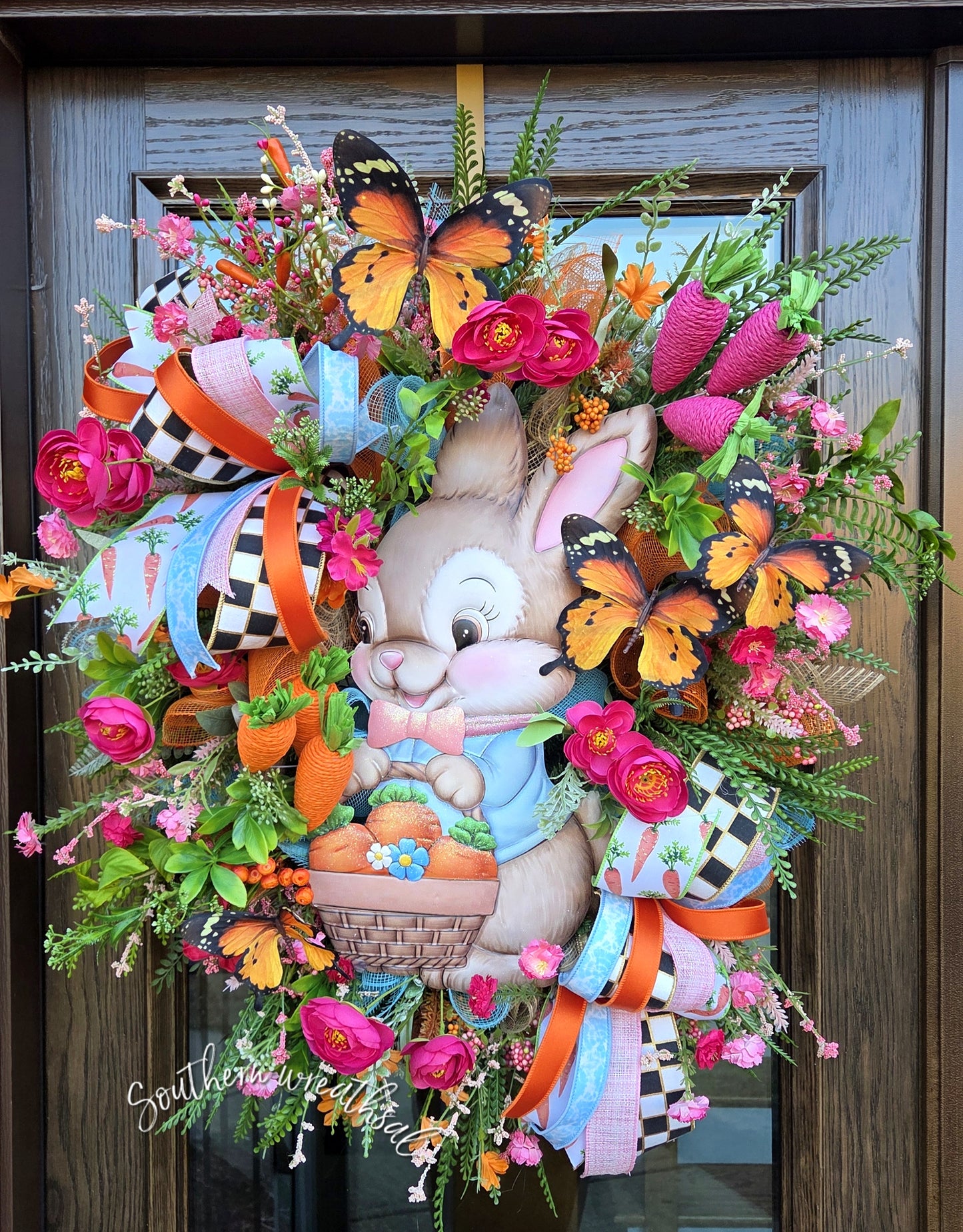 Whimsical Easter Bunny Wreath with Carrot Basket & Butterflies