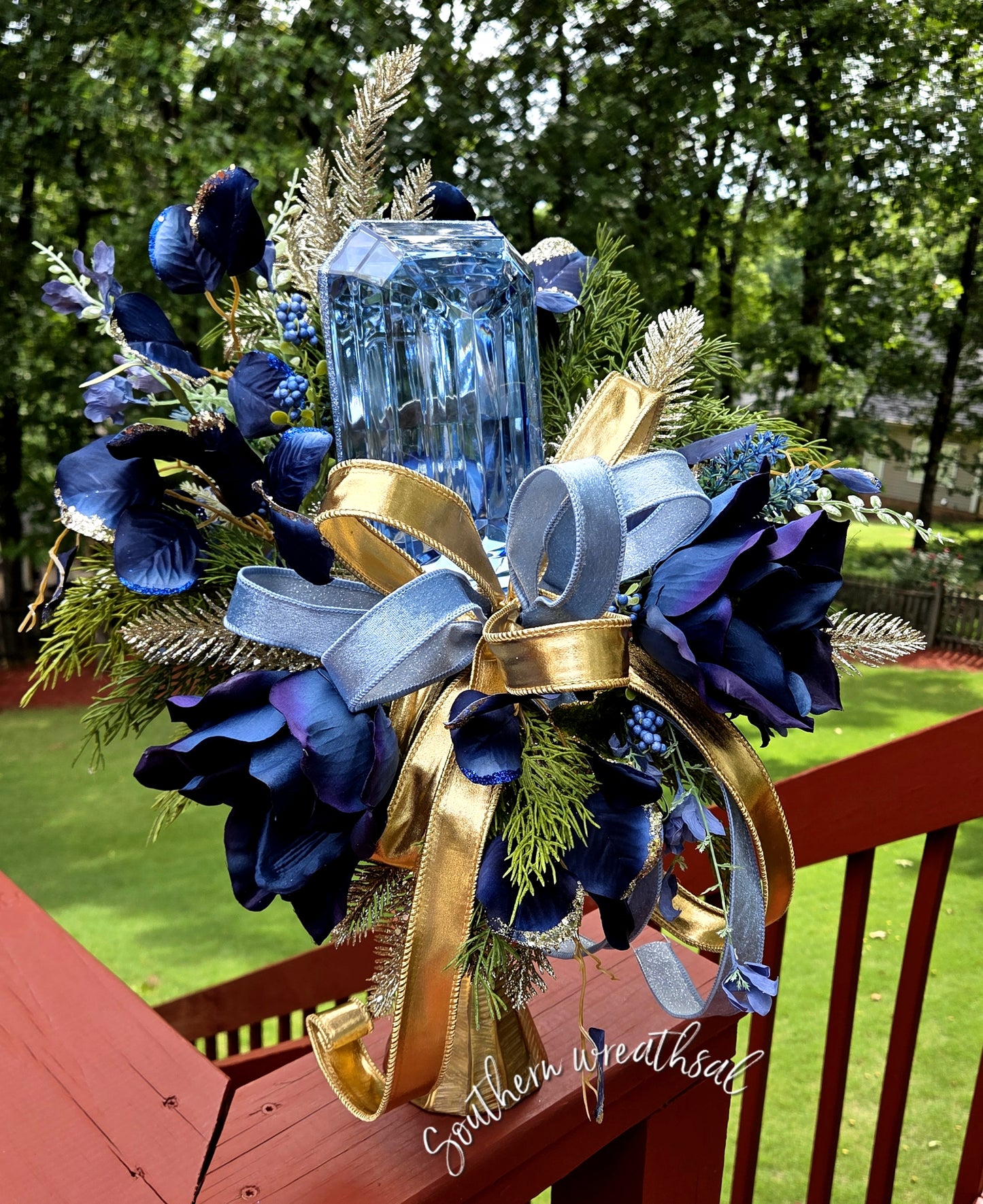 Navy Blue Fall Magnolia & Gem Floral Arrangement