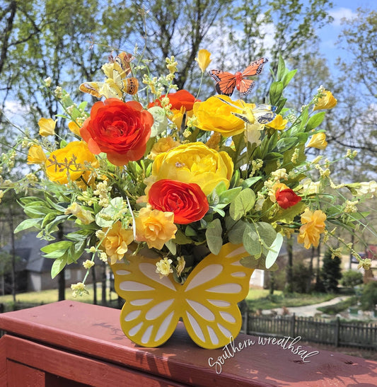 Yellow Butterfly Floral Arrangement, Orange & Yellow Ranunculus Centerpiece